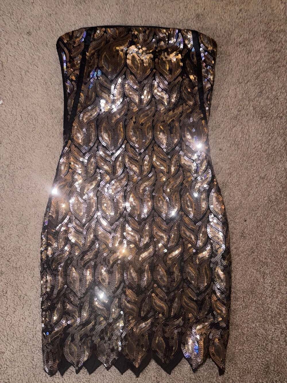 bebe Women's Strapless Black and Gold Sequin Leaf Pattern Mini Dress